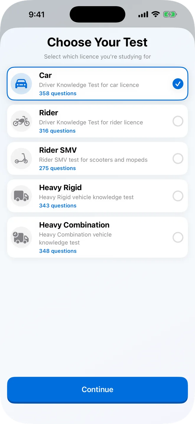 Choose Your Test screen listing Car, Rider, Rider SMV, Heavy Rigid and Heavy Combination with their question counts