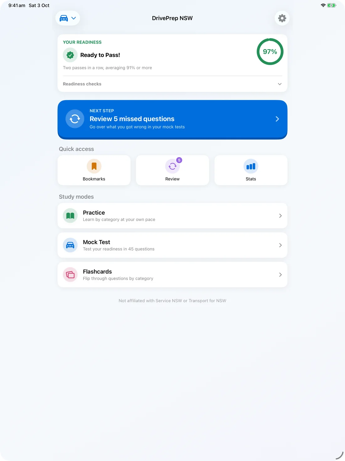 DrivePrep NSW home screen on iPad with readiness score and study modes