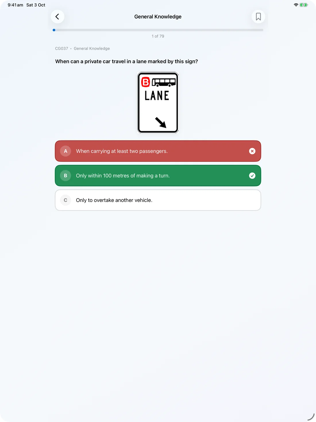 Practice question on iPad with a road sign image and answer feedback
