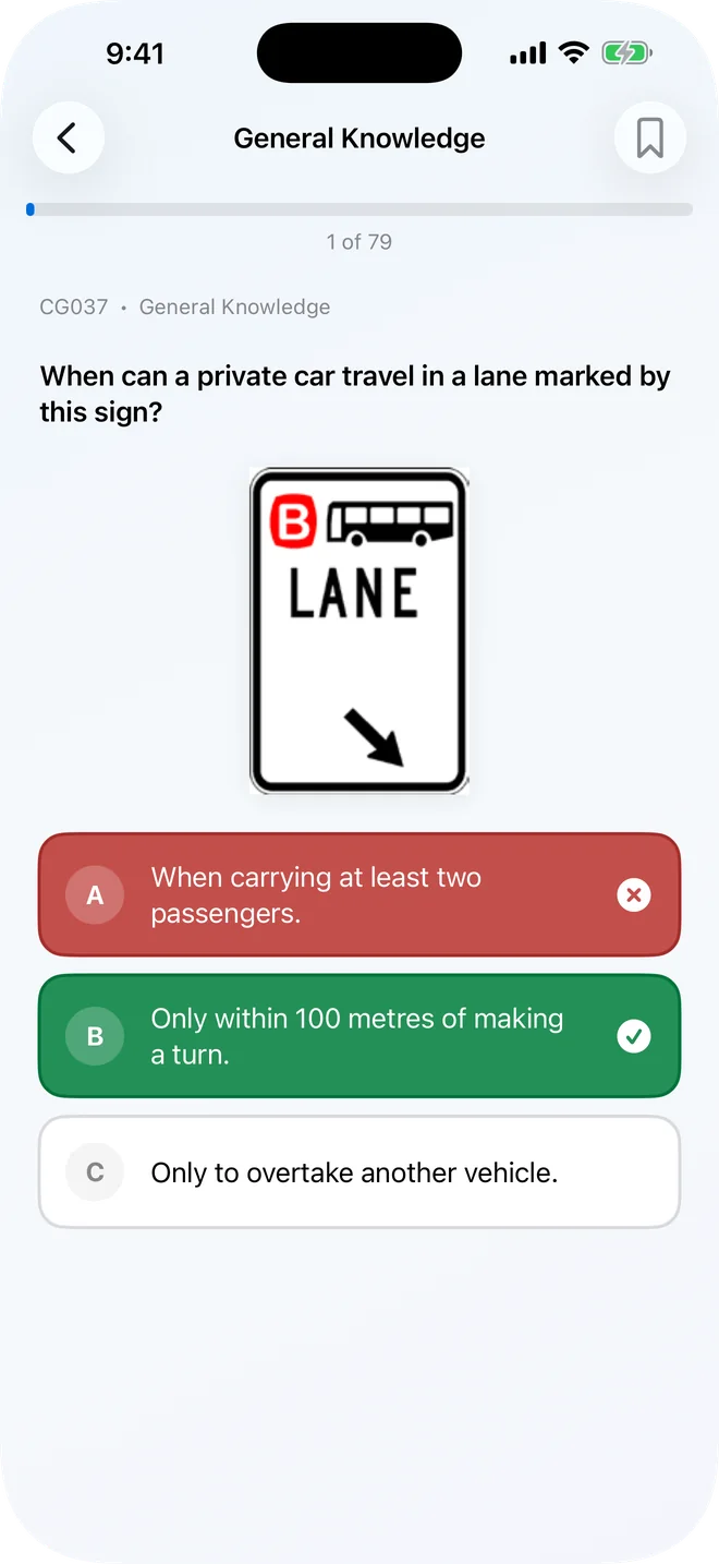 Practice question about a bus lane sign with the correct answer marked in green